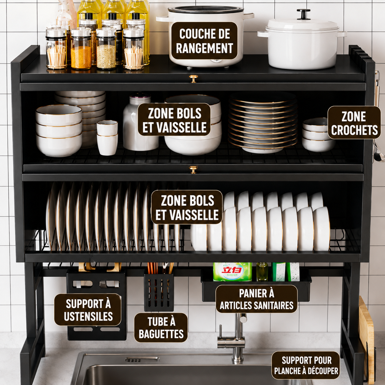 Etagère de cuisine à Vaisselle 2 Niveaux avec support d'évier